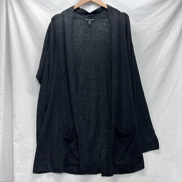 Eileen Fisher Cardigan Womens XL Black 100% Linen Lightweight Open Front Pockets - Picture 1 of 8